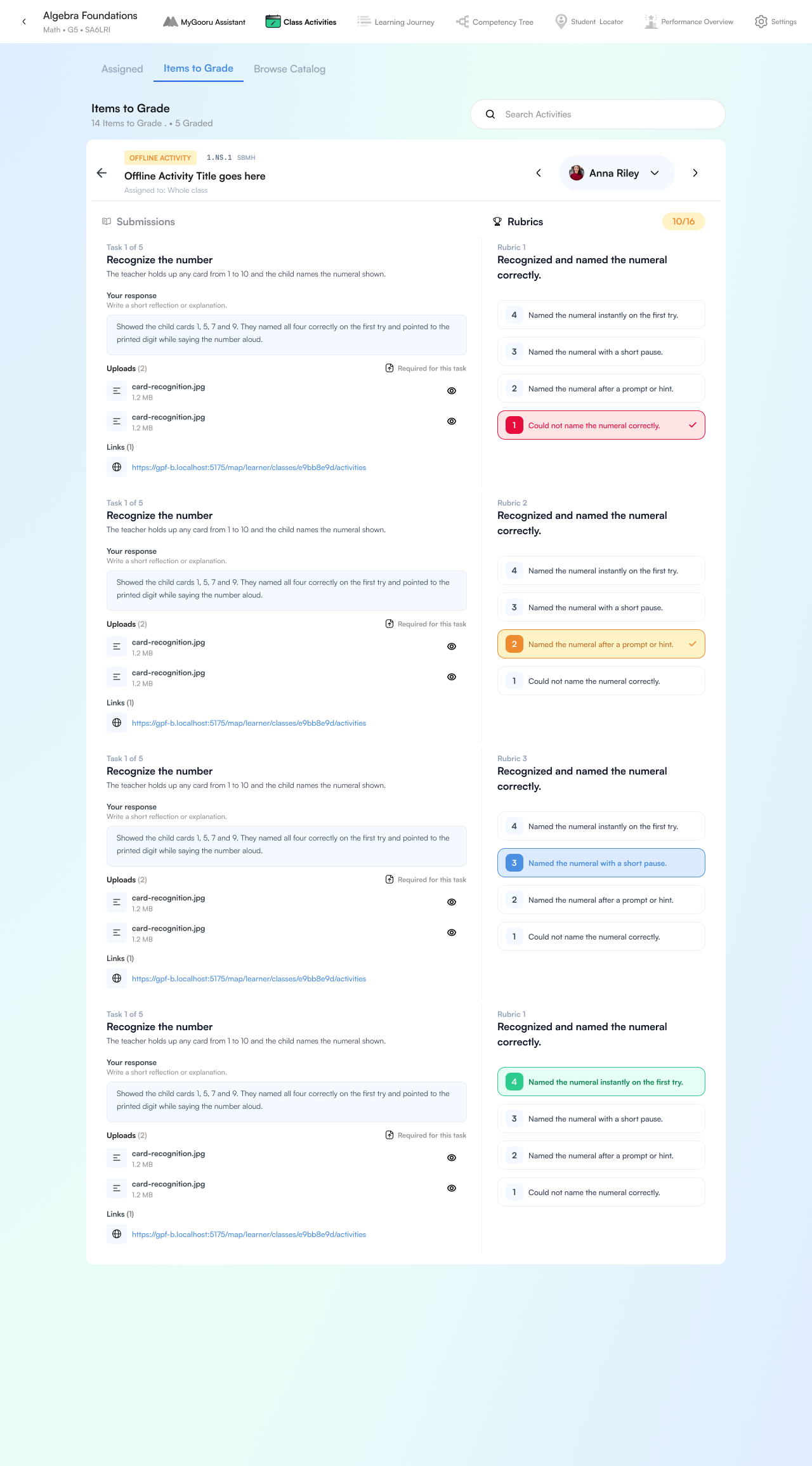 Grading an offline activity: each task's response and uploads beside the rubric. Demo data.