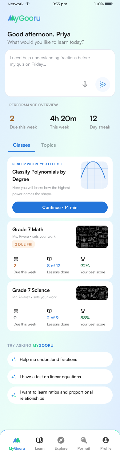 The learner's home: a greeting, an open question box, this week's performance and a card to continue where they left off. Demo data.