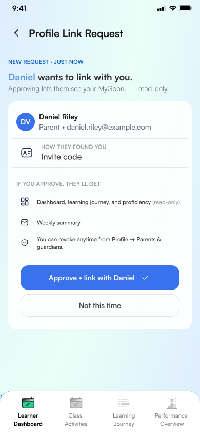 A profile link request: what the mentor will see if the learner approves. Demo data.