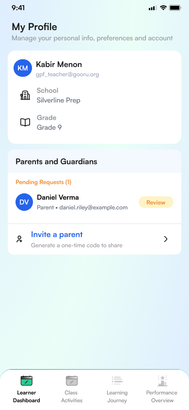 The learner's profile with parents and guardians and a pending request. Demo data.