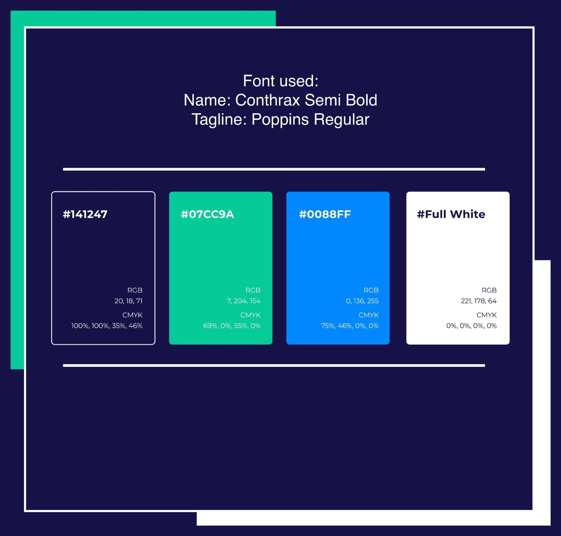 The original branding board: the wordmark set in Conthrax Semi Bold with a Poppins tagline, and swatches of deep navy, mint green, bright blue and white.