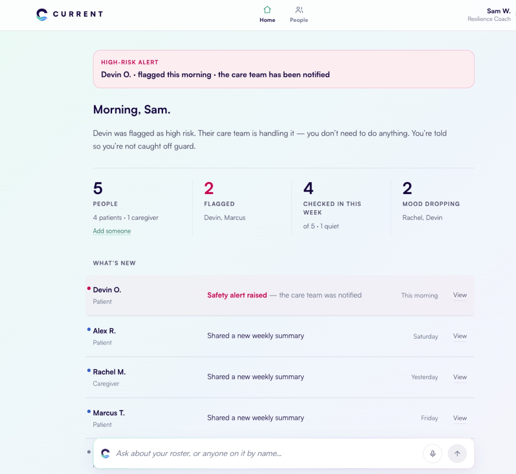 The coach home: a high-risk alert saying the care team has been notified, counts of people, flagged, checked in and mood dropping, and a list of recent updates from patients and a caregiver. All names are demo data.