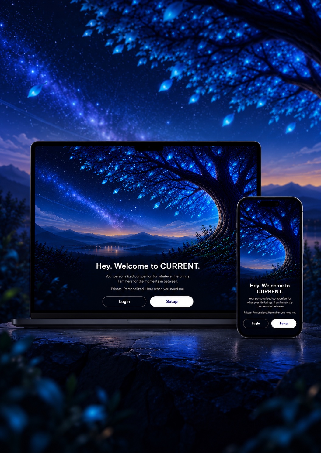 CURRENT on a laptop and a phone, both on the welcome screen — a glowing blue tree over a night landscape, “Hey. Welcome to CURRENT.”, and Login and Setup buttons — set on a stone ledge under the same starry tree.