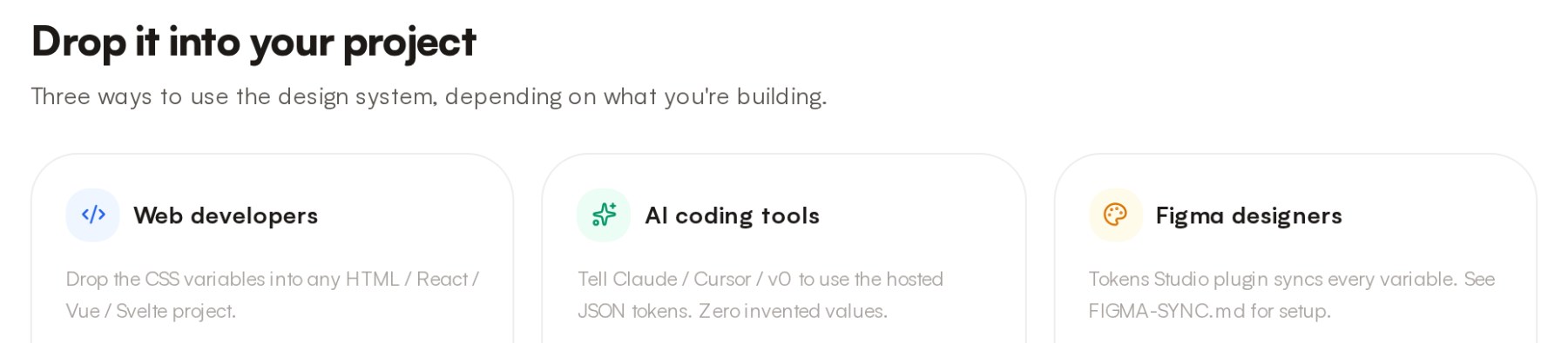 Three cards from the design system site: Web developers — drop the CSS variables into any HTML, React, Vue or Svelte project; AI coding tools — tell Claude, Cursor or v0 to use the hosted JSON tokens, zero invented values; Figma designers — the Tokens Studio plugin syncs every variable.