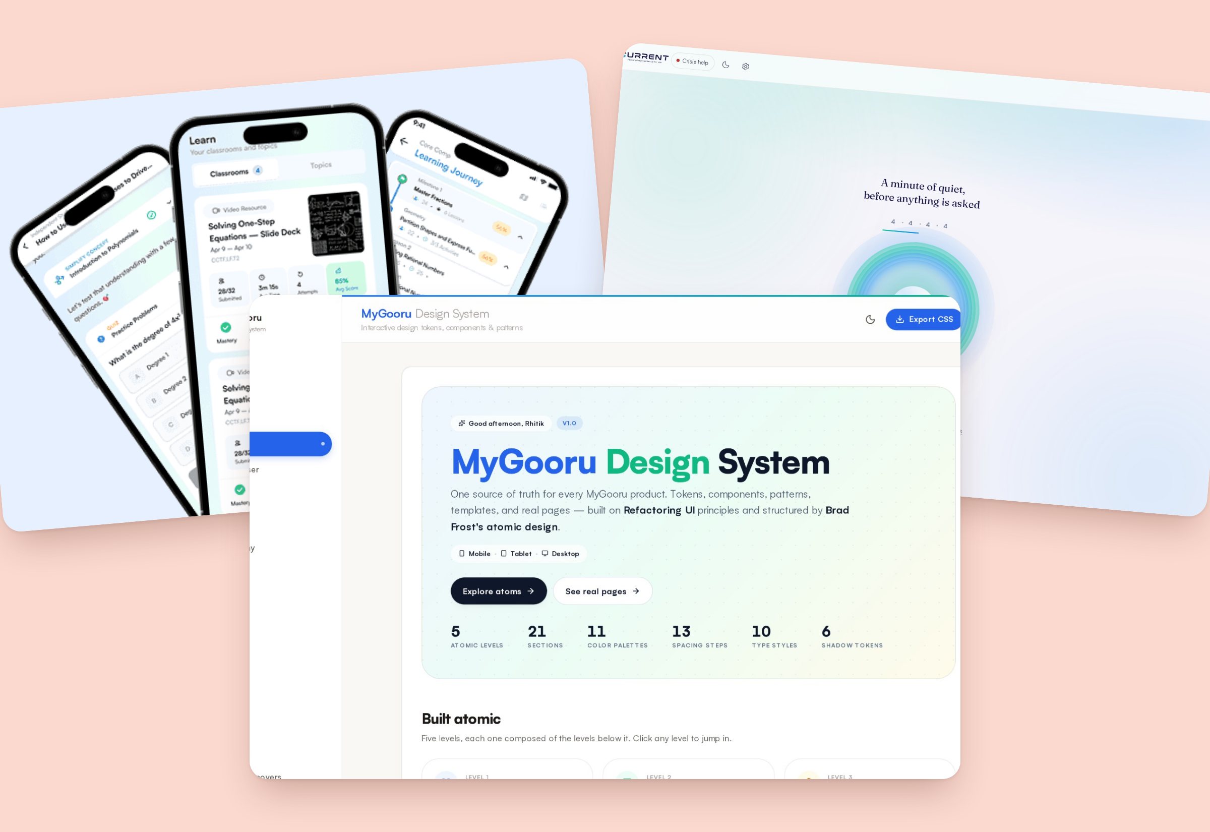 MyGooru surfaces: the Companion learner app, the design system site and a breathing screen.