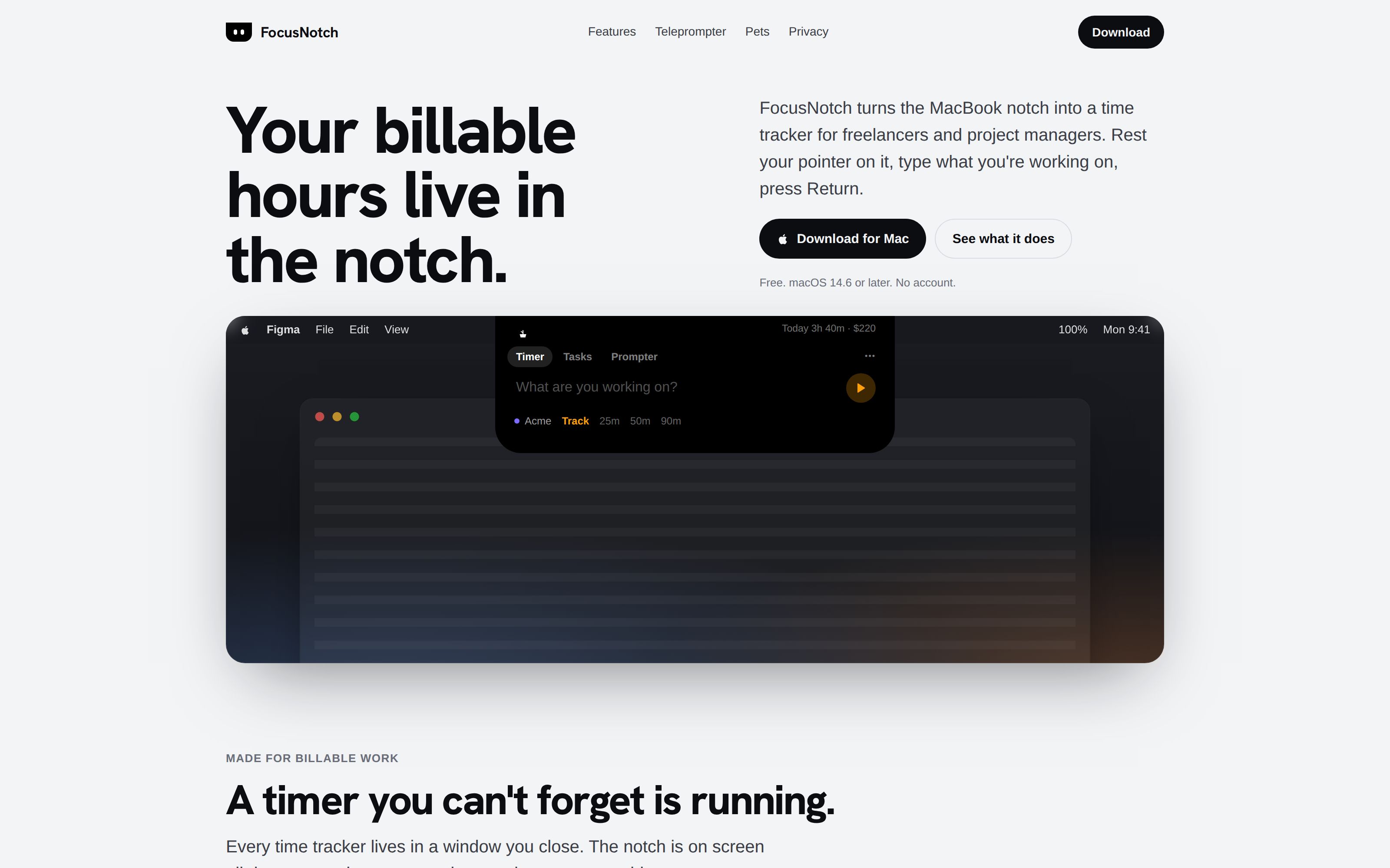 The FocusNotch site: the headline “Your billable hours live in the notch.” above a mock Mac menu bar whose notch has opened into a panel asking “What are you working on?”, with Track, 25m, 50m and 90m options.