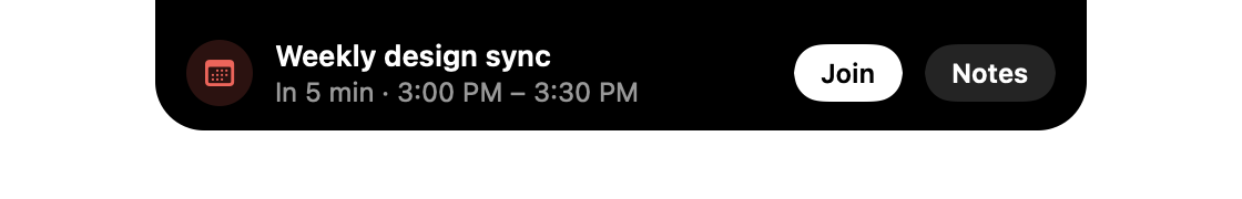 A meeting alert out of the notch: Weekly design sync, In 5 min, 3:00 PM to 3:30 PM, with Join and Notes buttons.