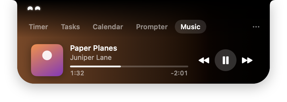 The open Music tab: artwork, the title Paper Planes by Juniper Lane, a white progress bar at 1:28 with 2:06 left, and previous, pause and next controls, over an orange-to-black gradient taken from the artwork.