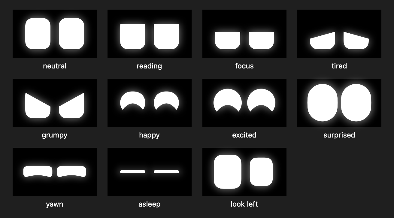 Eleven expressions of the Visor eyes on black: neutral, reading, focus, tired, grumpy, happy, excited, surprised, yawn, asleep, and looking left, where the near eye is larger.