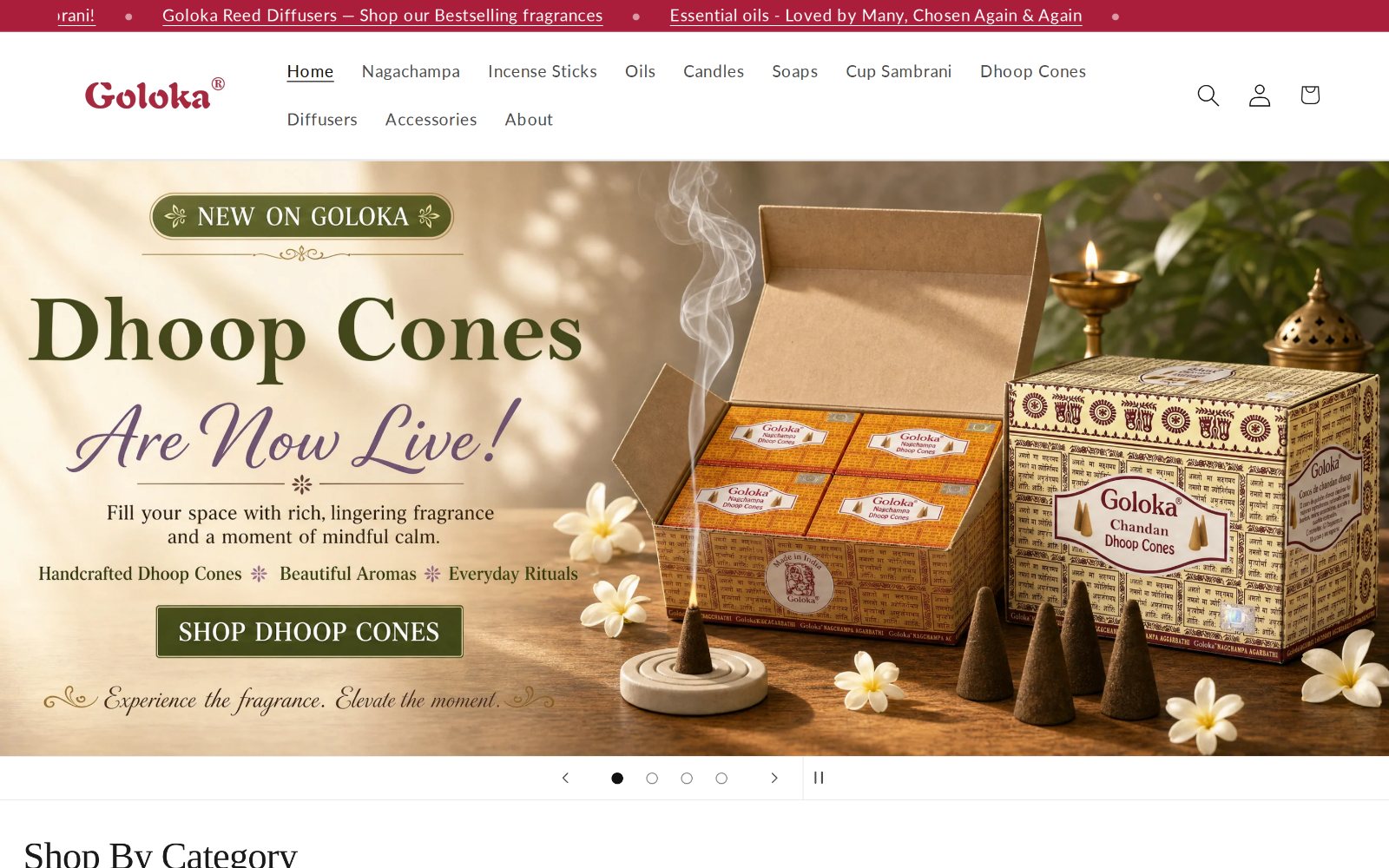 The Goloka home page on golokaincense.org: announcement bar, category navigation, and a slideshow banner announcing the launch of dhoop cones.