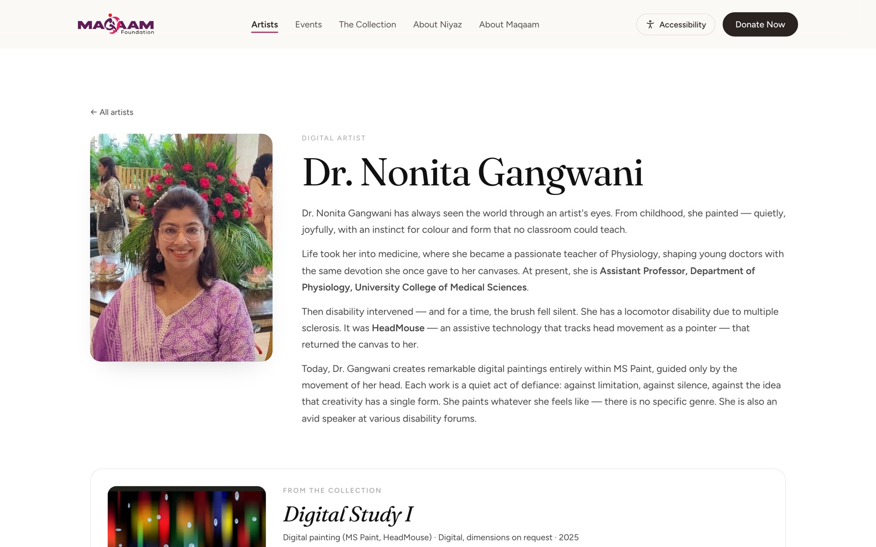 An artist profile page generated from the CMS.