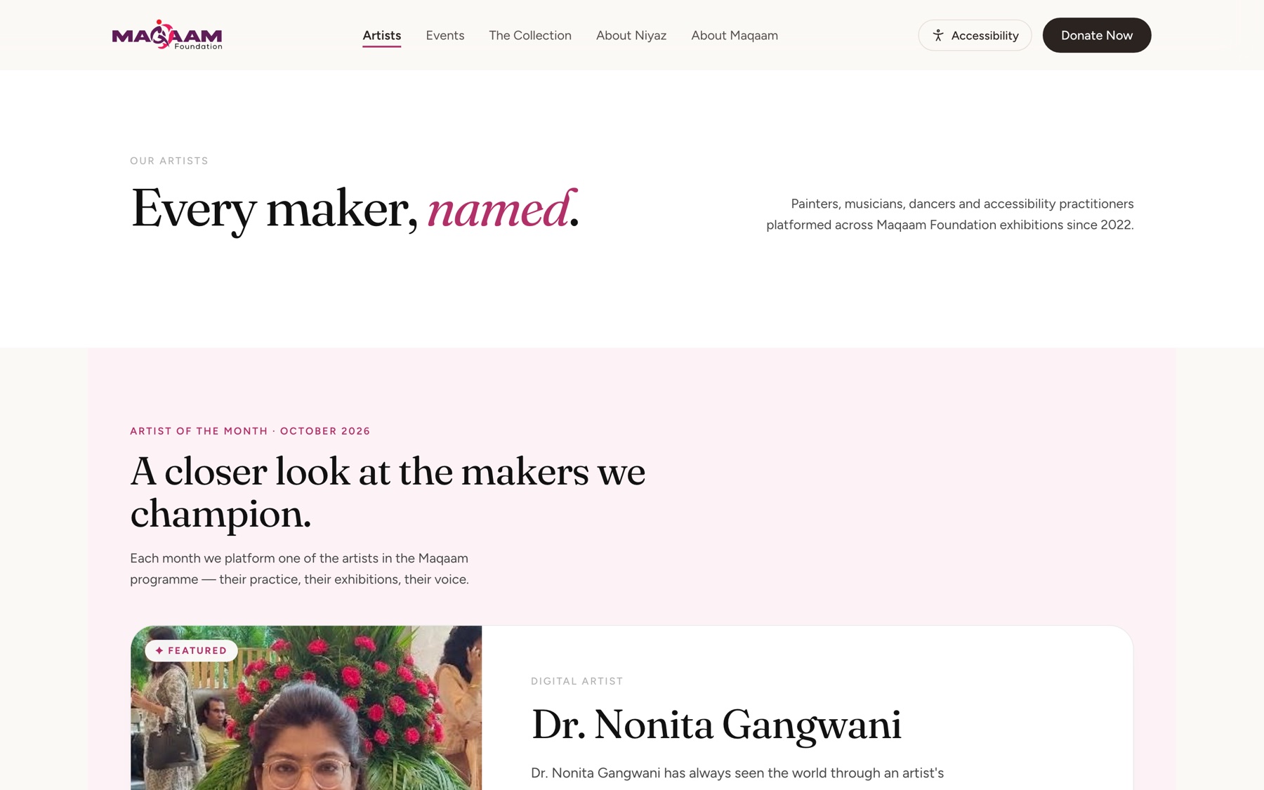 The Artists page: “Every maker, named.”, with an artist of the month.