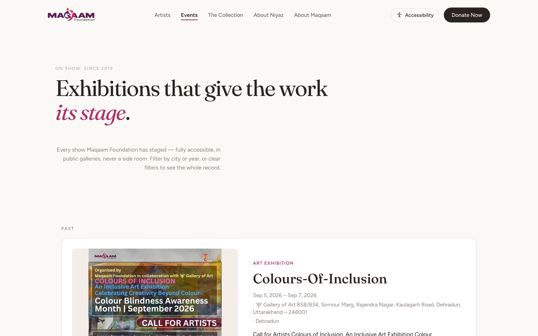 The Events page: “Exhibitions that give the work its stage.”